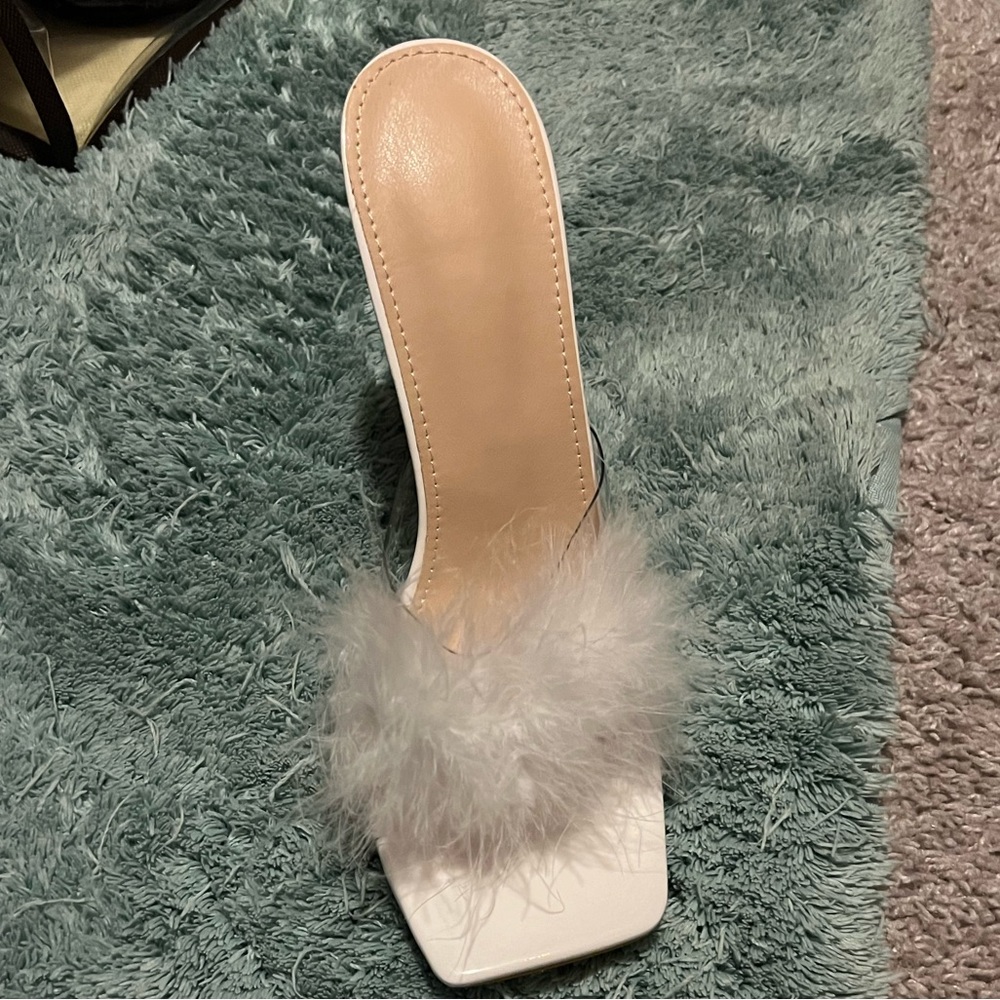 White feather marabou clear heels square toe
